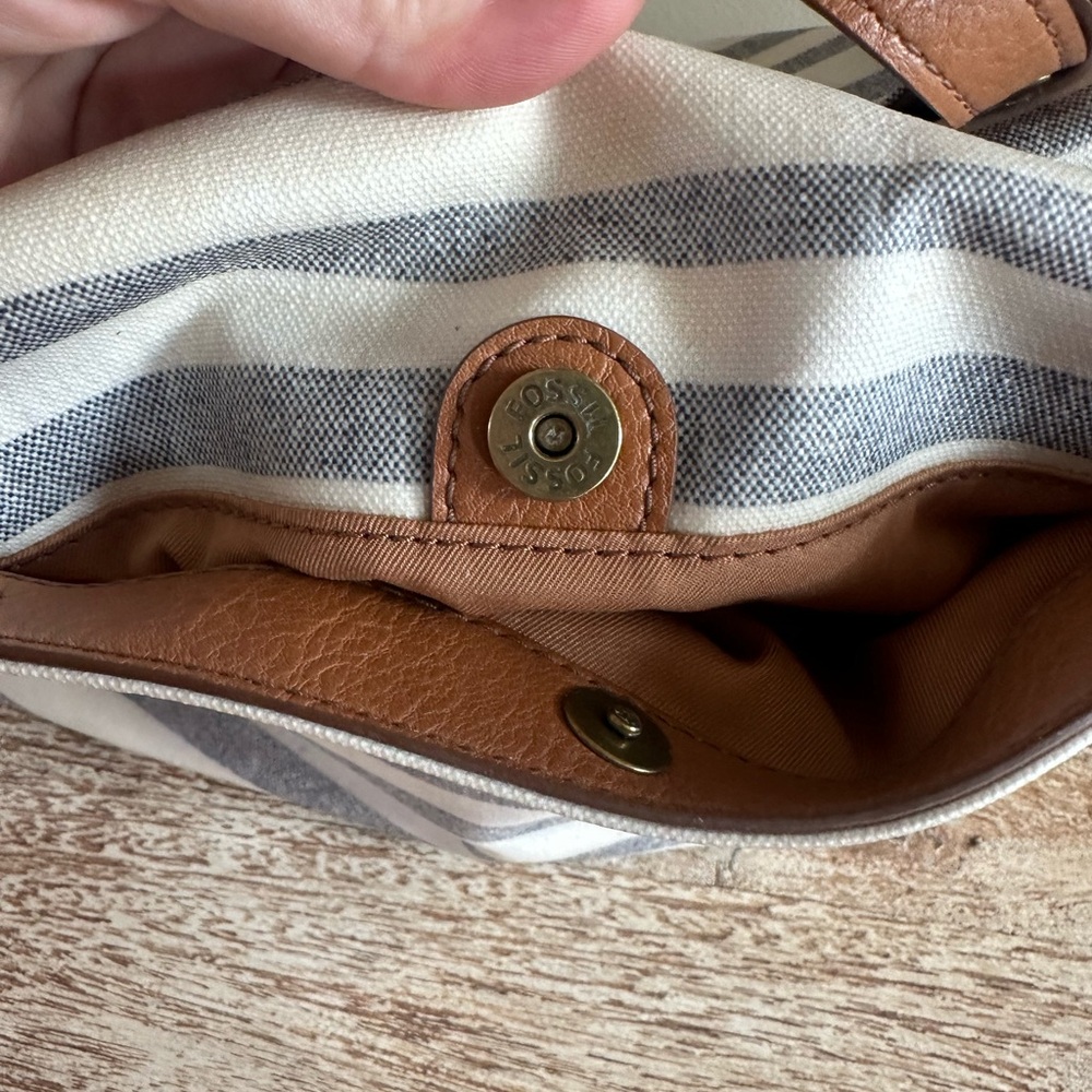 Fossil Blue and White Striped Tote with Brown Leather Straps - Picture 10 of 10